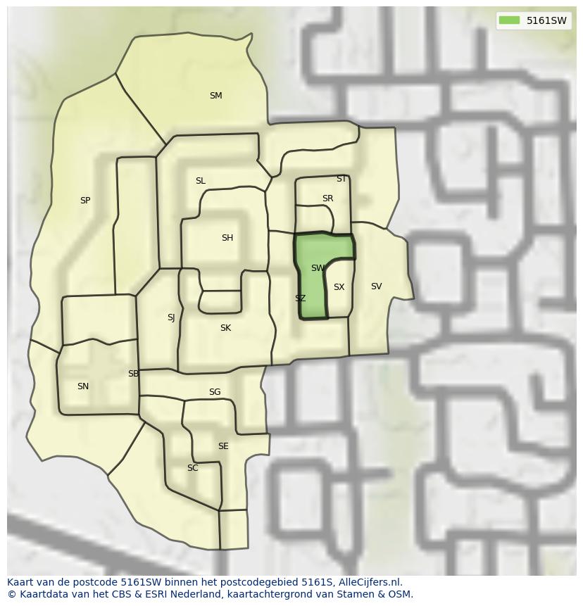 Afbeelding van het postcodegebied 5161 SW op de kaart.