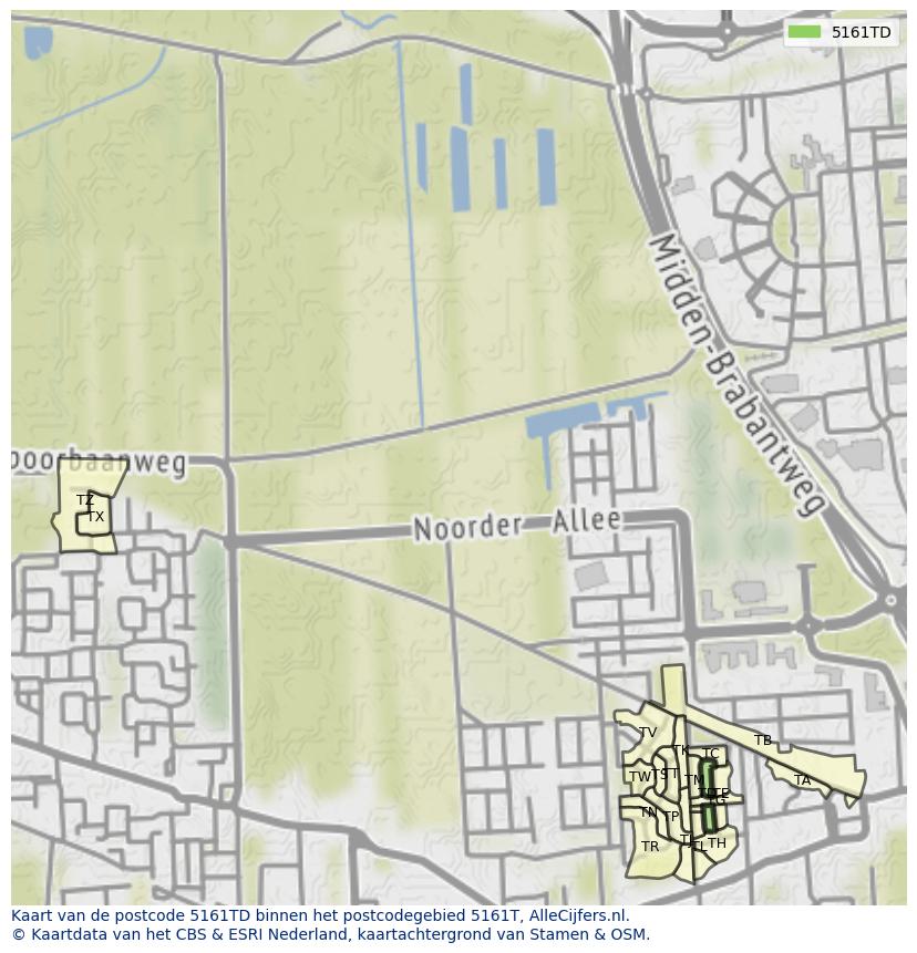Afbeelding van het postcodegebied 5161 TD op de kaart.