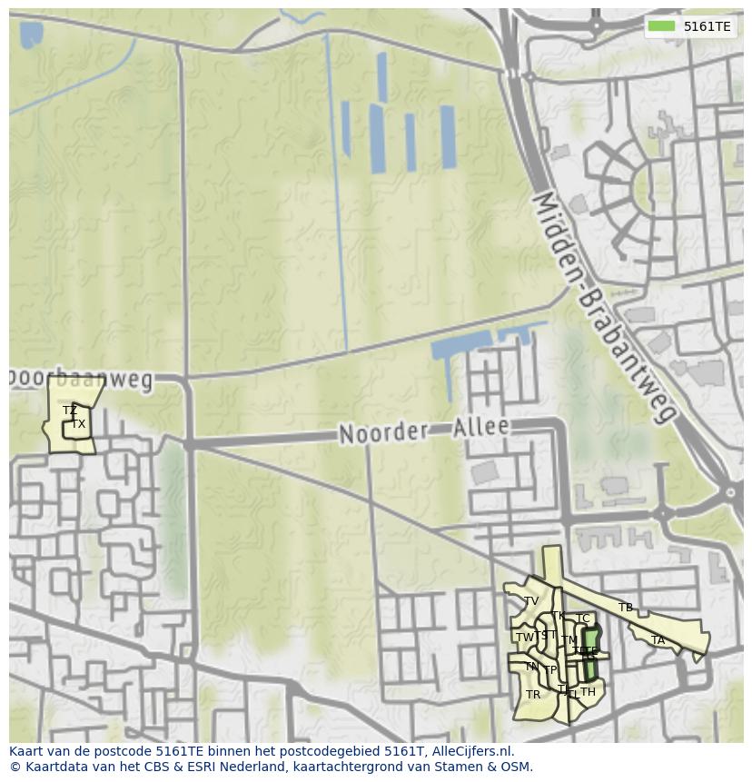 Afbeelding van het postcodegebied 5161 TE op de kaart.
