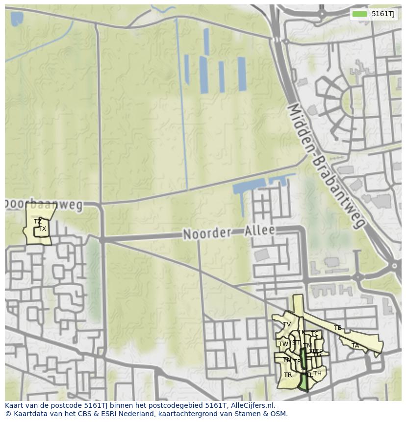 Afbeelding van het postcodegebied 5161 TJ op de kaart.