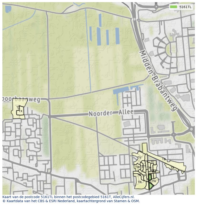 Afbeelding van het postcodegebied 5161 TL op de kaart.