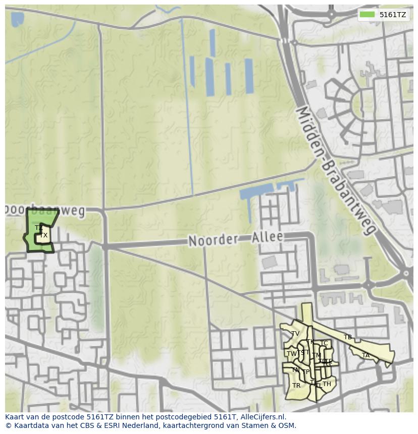 Afbeelding van het postcodegebied 5161 TZ op de kaart.