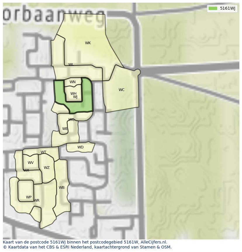 Afbeelding van het postcodegebied 5161 WJ op de kaart.