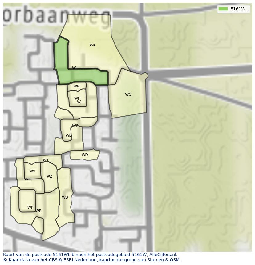 Afbeelding van het postcodegebied 5161 WL op de kaart.