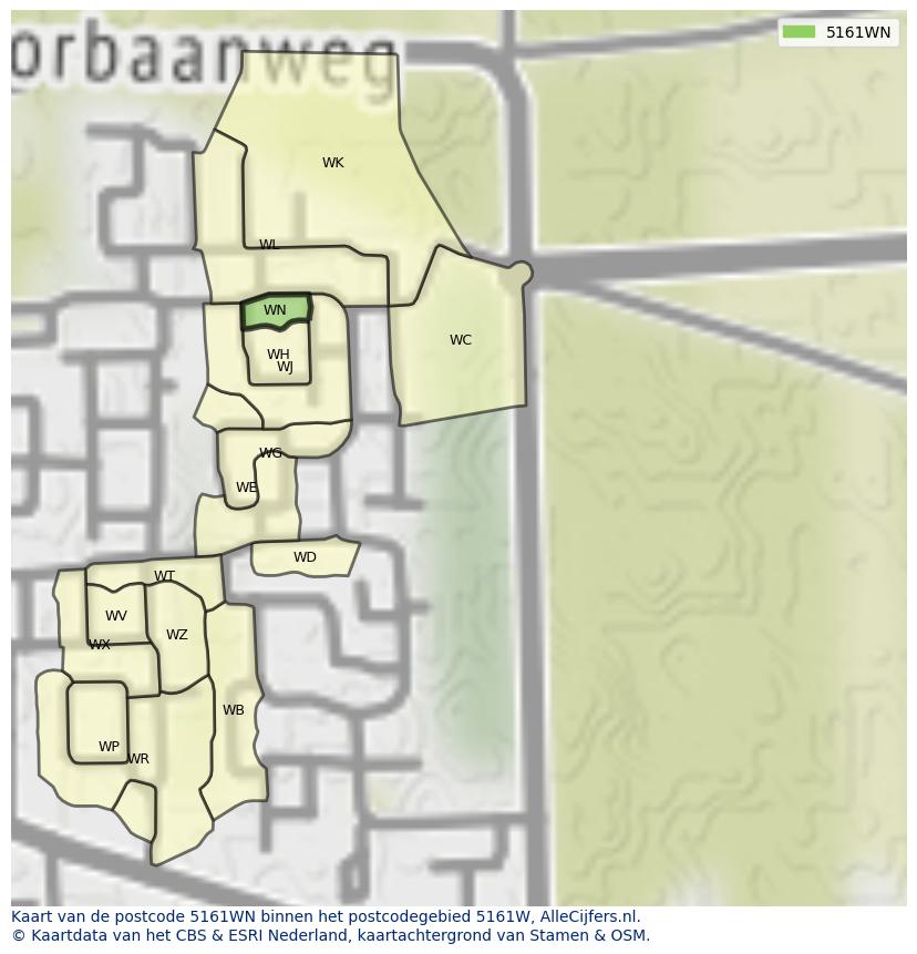 Afbeelding van het postcodegebied 5161 WN op de kaart.