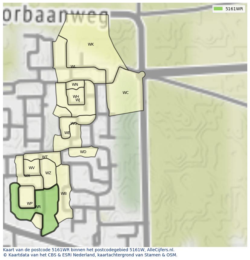 Afbeelding van het postcodegebied 5161 WR op de kaart.