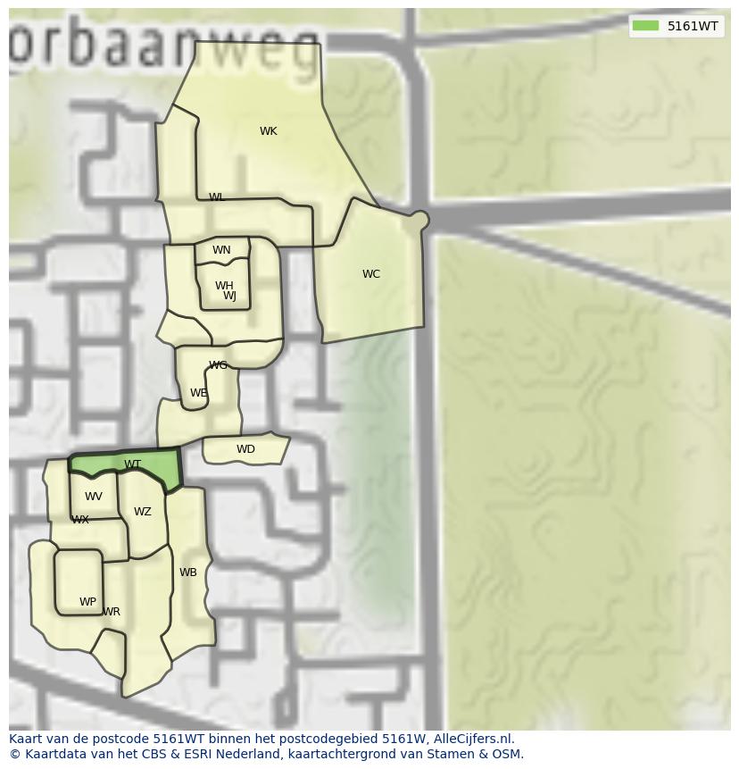 Afbeelding van het postcodegebied 5161 WT op de kaart.