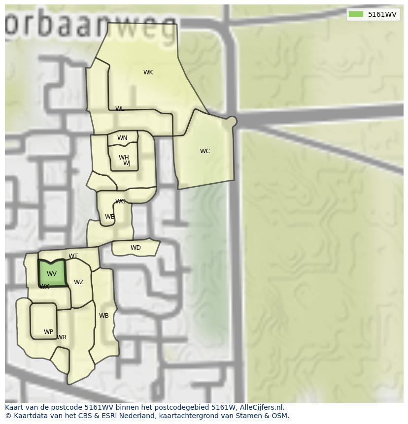 Afbeelding van het postcodegebied 5161 WV op de kaart.