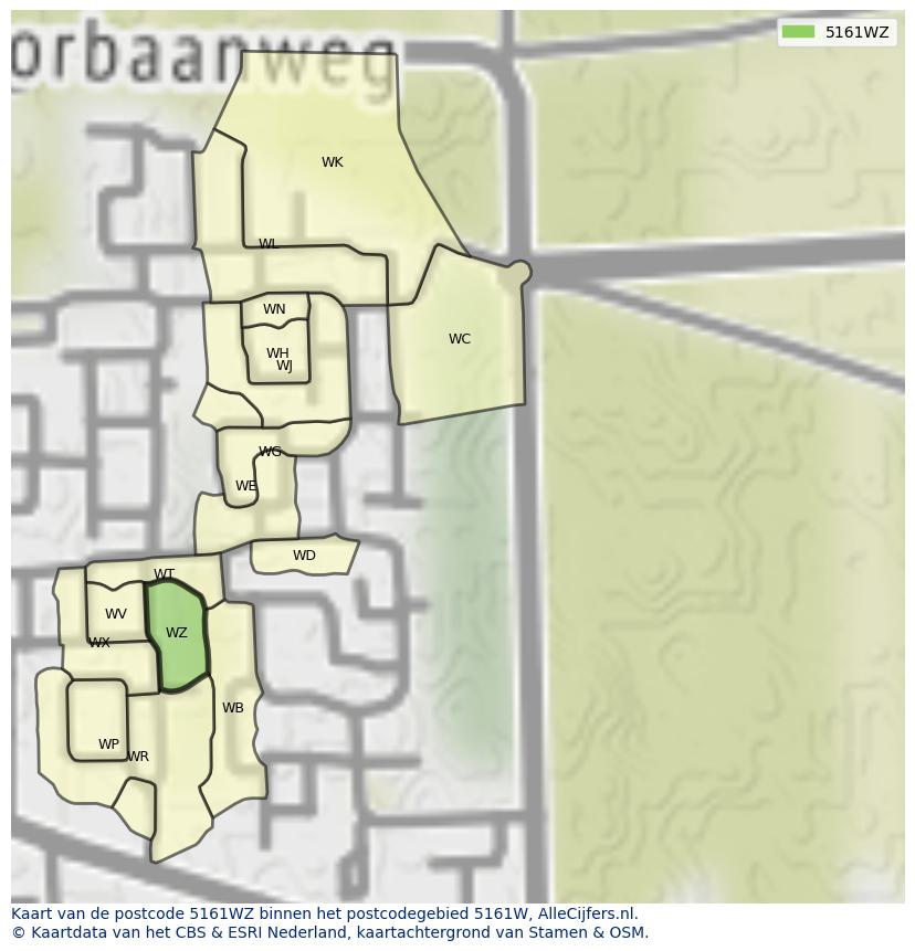 Afbeelding van het postcodegebied 5161 WZ op de kaart.