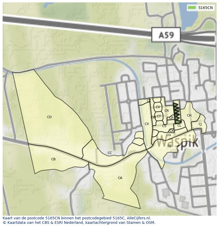 Afbeelding van het postcodegebied 5165 CN op de kaart.