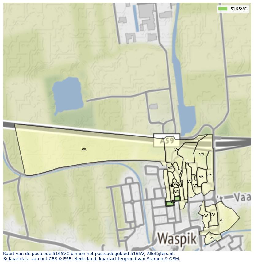 Afbeelding van het postcodegebied 5165 VC op de kaart.