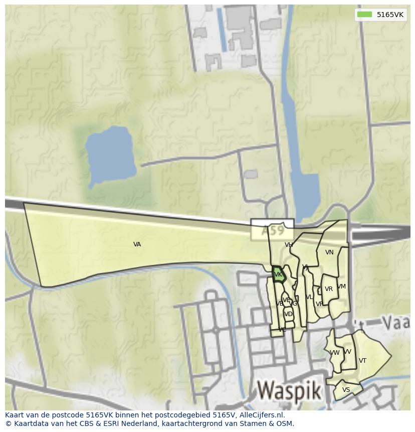 Afbeelding van het postcodegebied 5165 VK op de kaart.