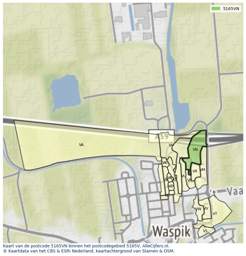 Afbeelding van het postcodegebied 5165 VN op de kaart.