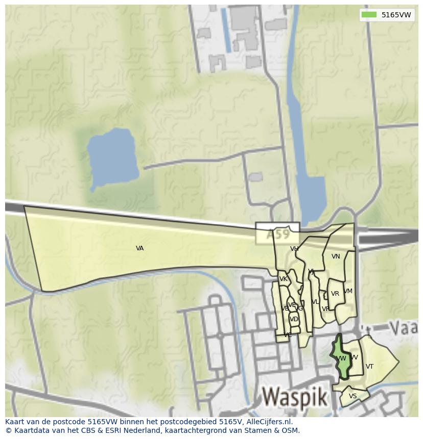 Afbeelding van het postcodegebied 5165 VW op de kaart.