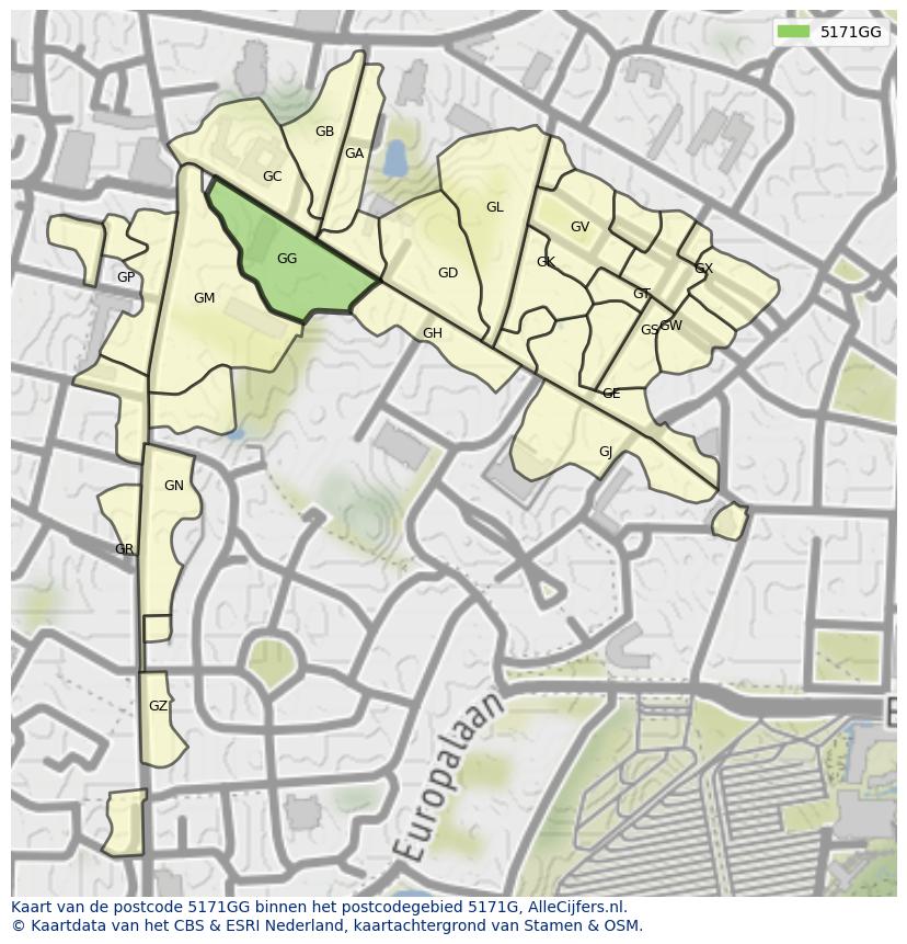 Afbeelding van het postcodegebied 5171 GG op de kaart.