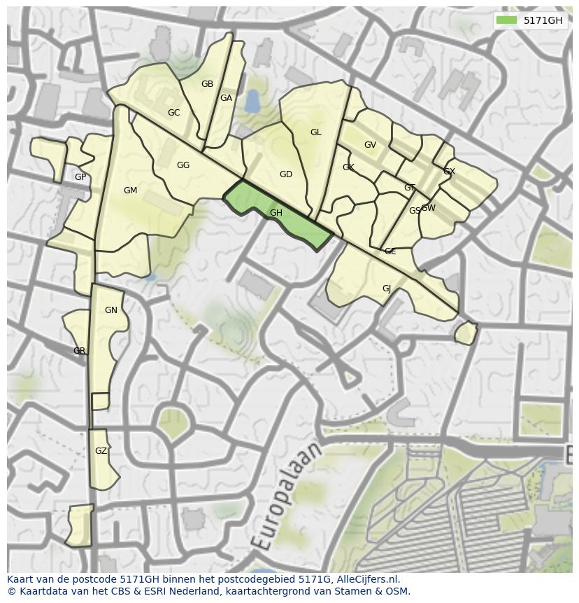 Afbeelding van het postcodegebied 5171 GH op de kaart.