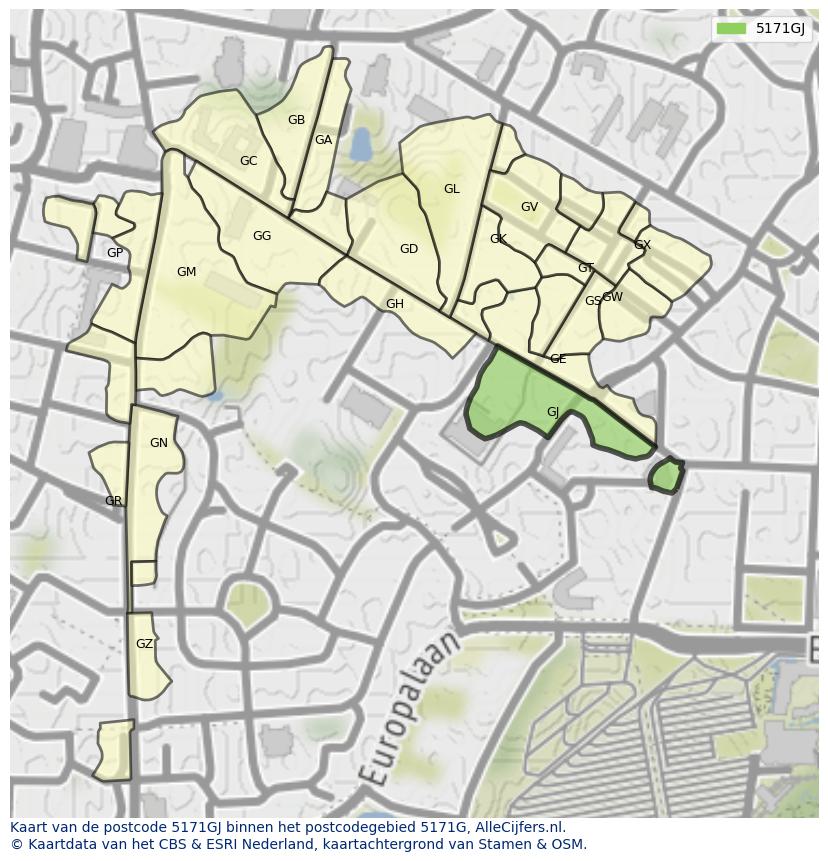 Afbeelding van het postcodegebied 5171 GJ op de kaart.