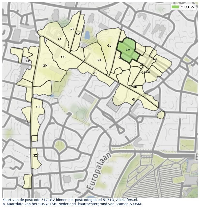Afbeelding van het postcodegebied 5171 GV op de kaart.