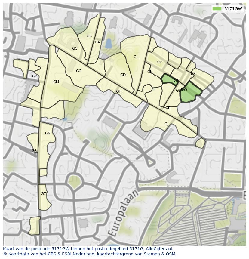 Afbeelding van het postcodegebied 5171 GW op de kaart.