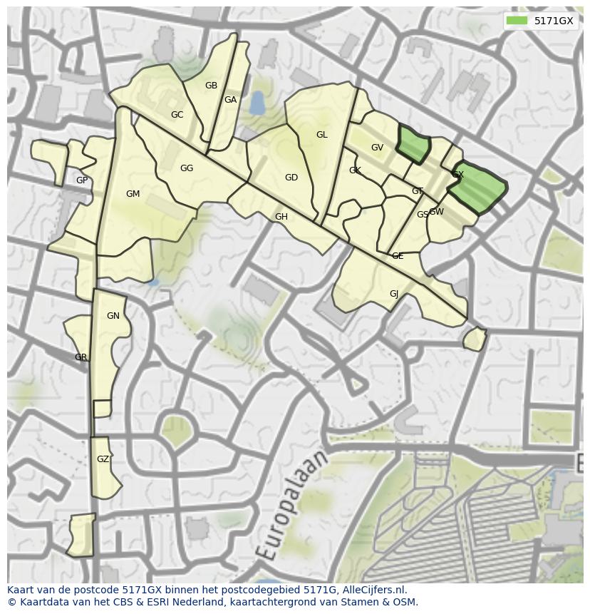 Afbeelding van het postcodegebied 5171 GX op de kaart.