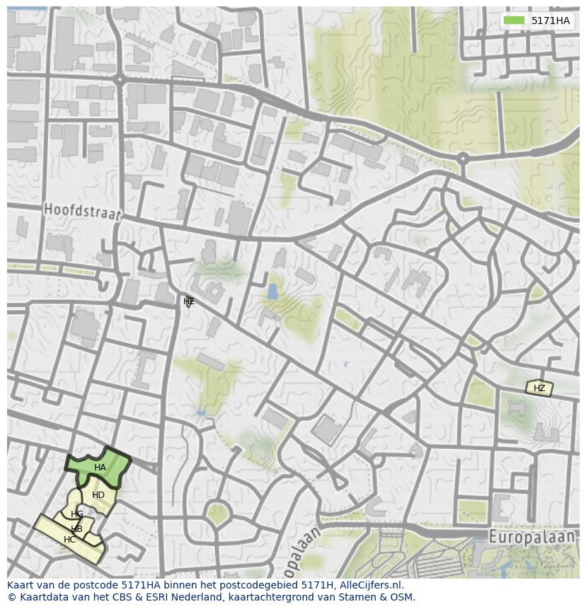 Afbeelding van het postcodegebied 5171 HA op de kaart.
