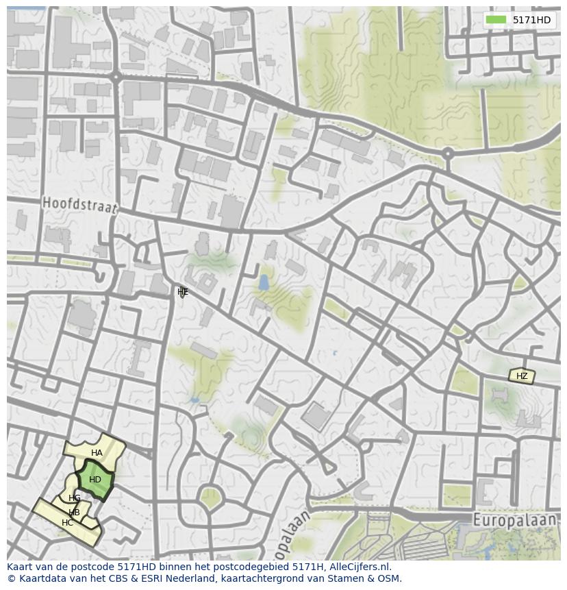 Afbeelding van het postcodegebied 5171 HD op de kaart.