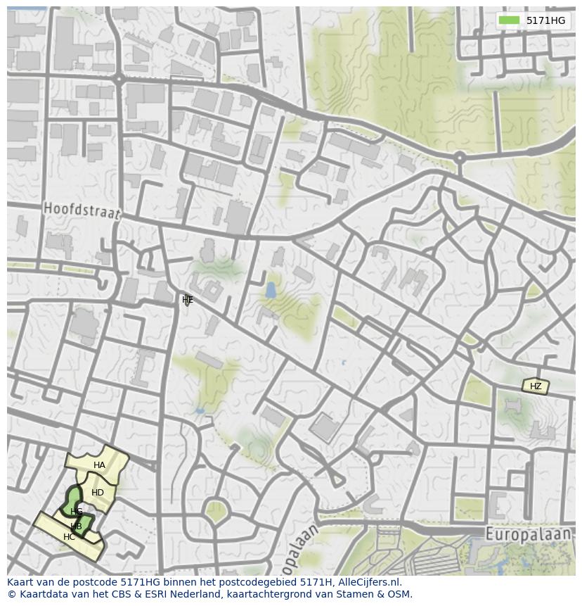 Afbeelding van het postcodegebied 5171 HG op de kaart.