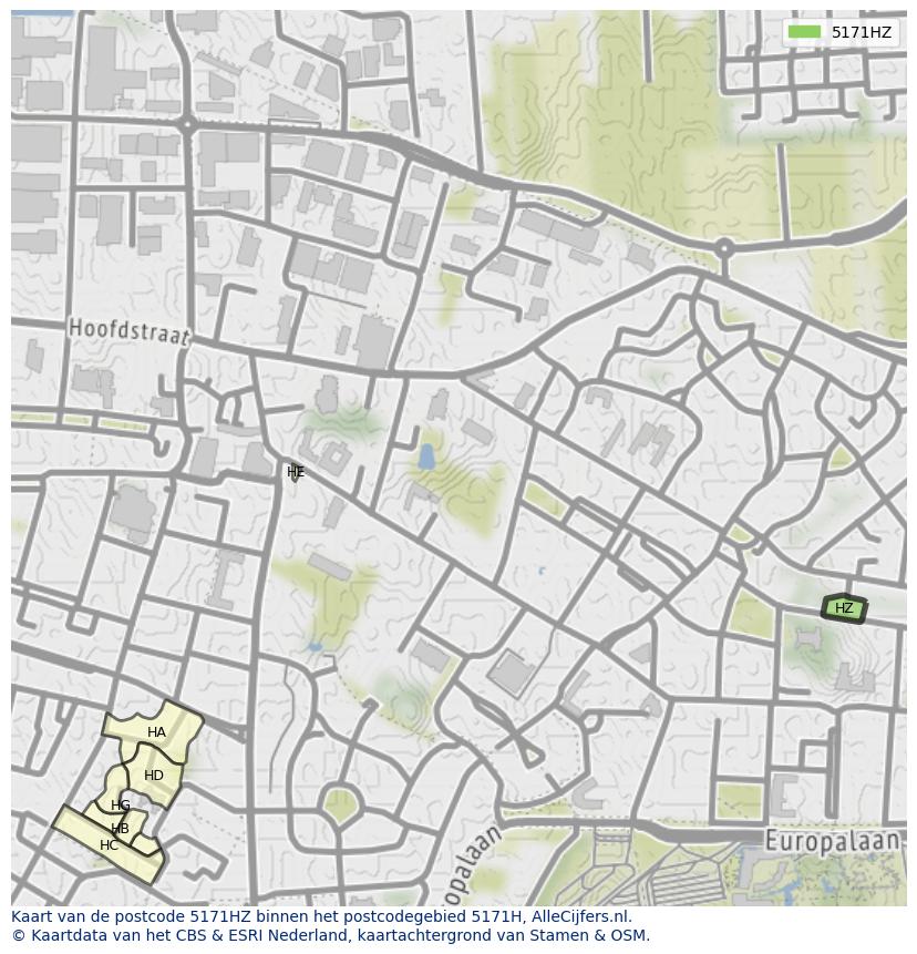 Afbeelding van het postcodegebied 5171 HZ op de kaart.