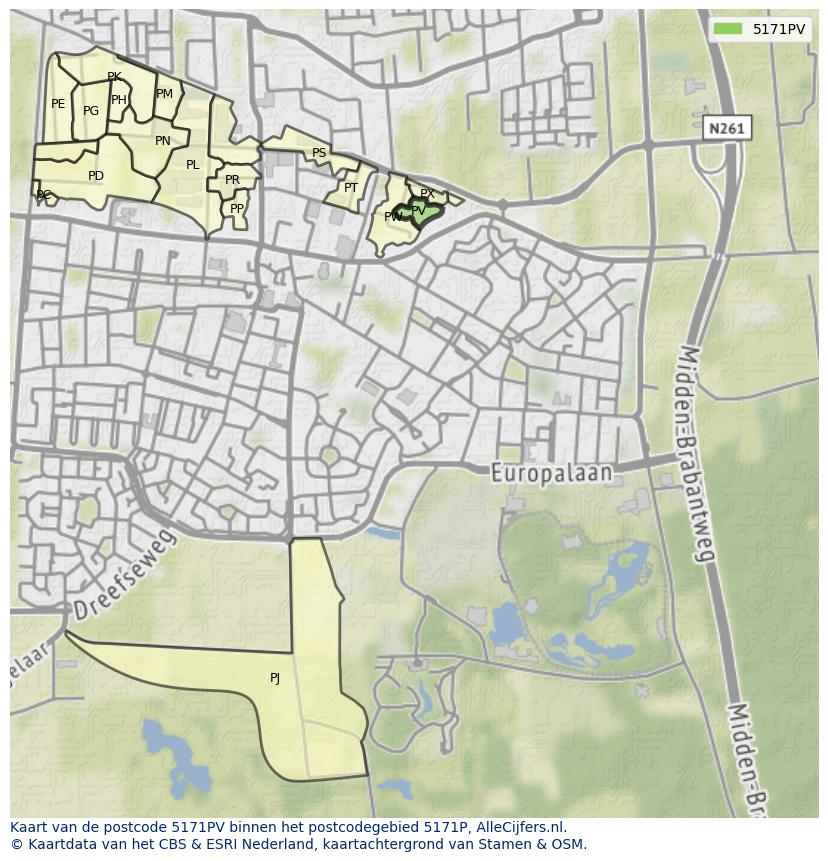 Afbeelding van het postcodegebied 5171 PV op de kaart.