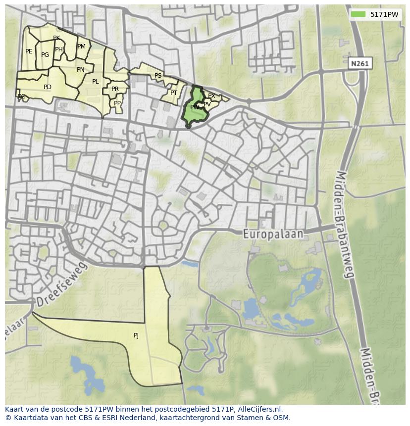 Afbeelding van het postcodegebied 5171 PW op de kaart.