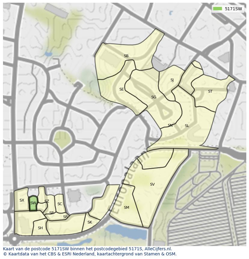 Afbeelding van het postcodegebied 5171 SW op de kaart.