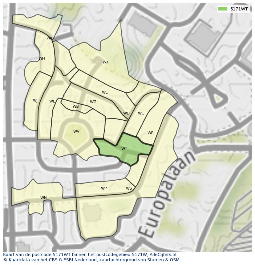 Afbeelding van het postcodegebied 5171 WT op de kaart.