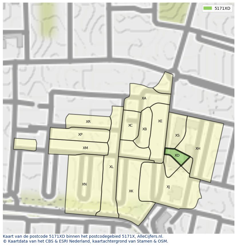 Afbeelding van het postcodegebied 5171 XD op de kaart.