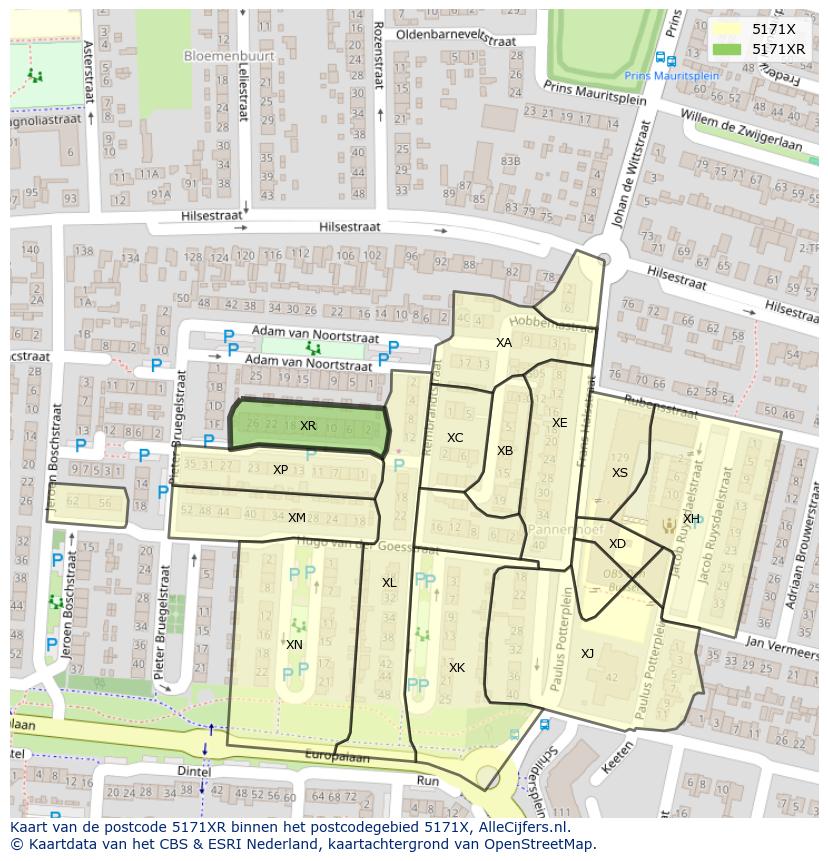 Afbeelding van het postcodegebied 5171 XR op de kaart.