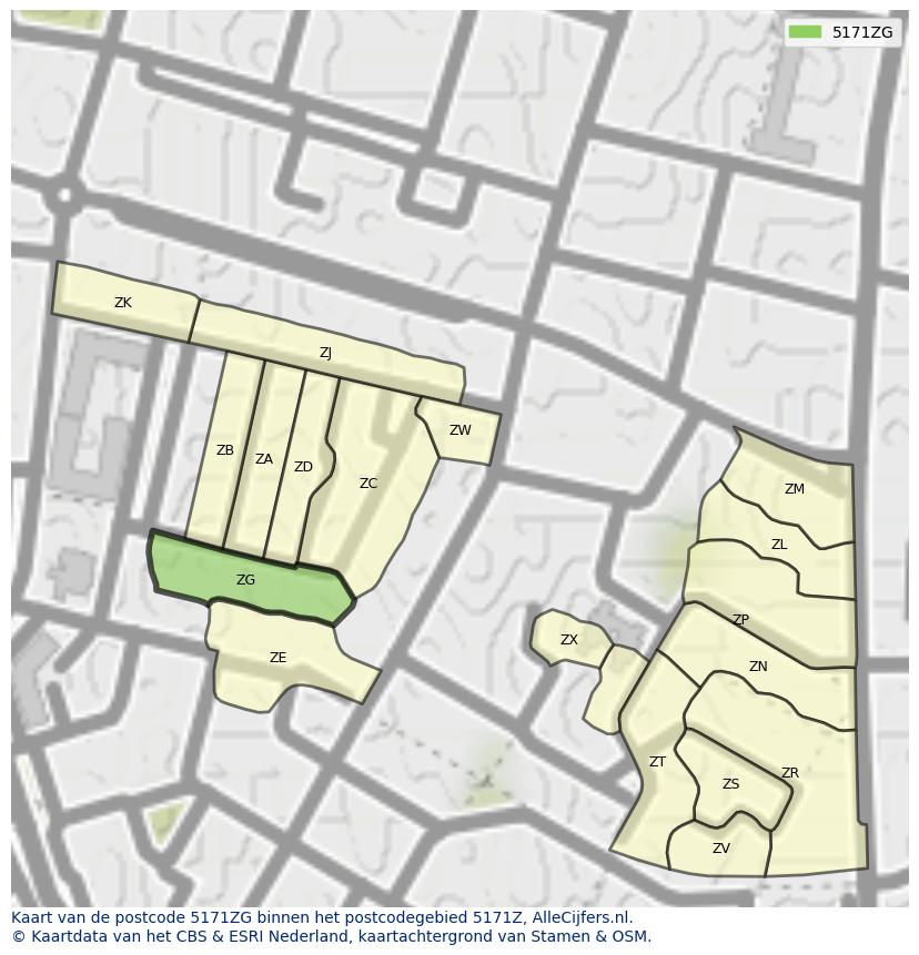 Afbeelding van het postcodegebied 5171 ZG op de kaart.