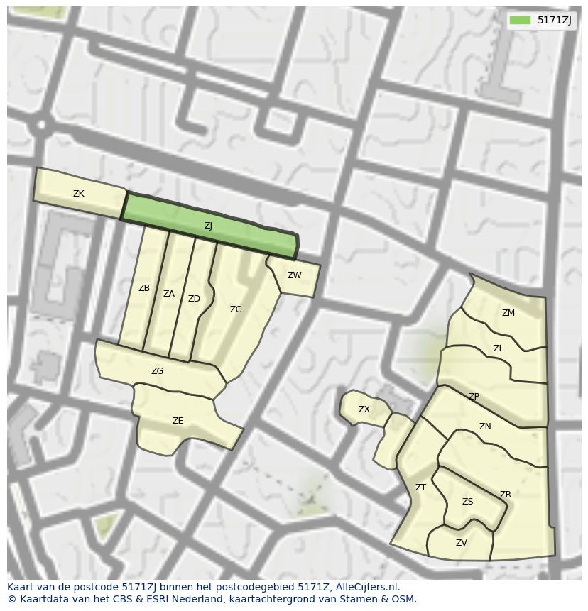 Afbeelding van het postcodegebied 5171 ZJ op de kaart.