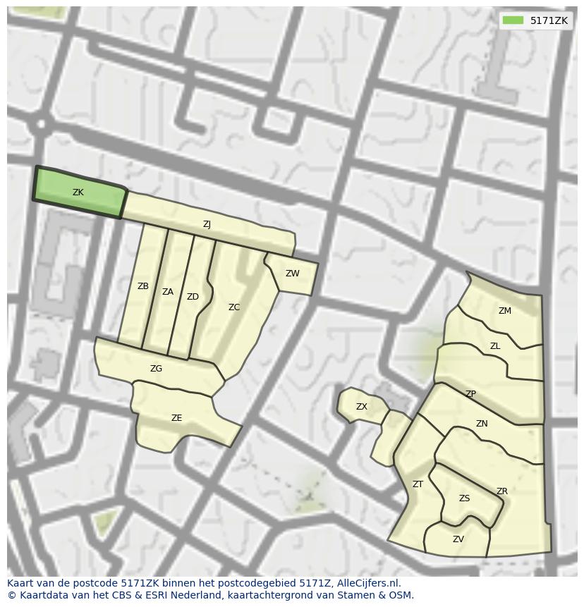 Afbeelding van het postcodegebied 5171 ZK op de kaart.