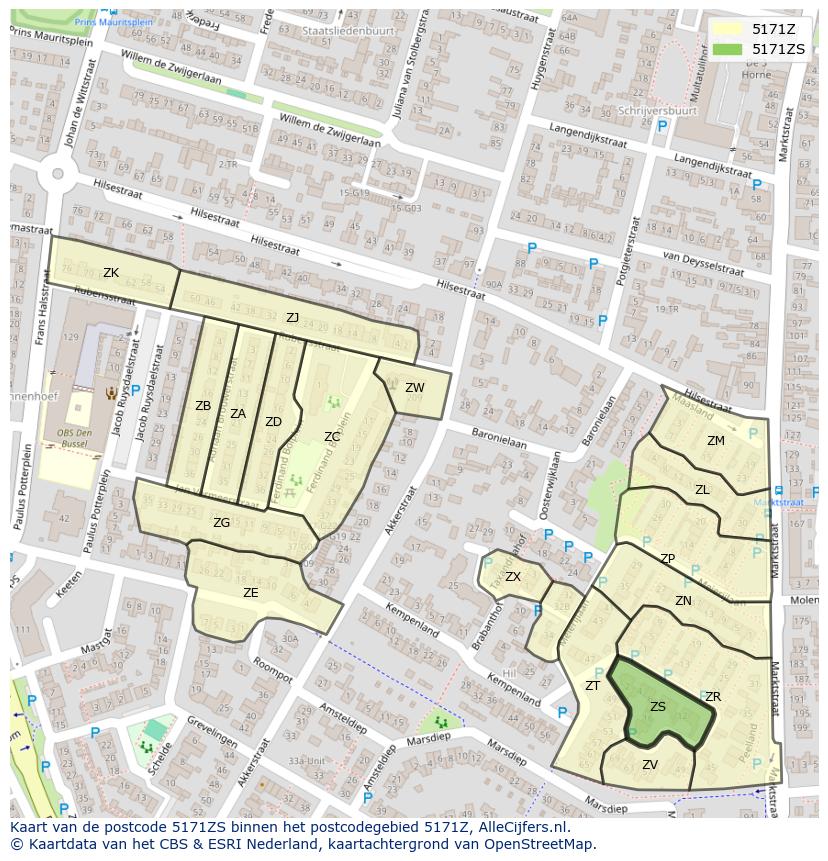 Afbeelding van het postcodegebied 5171 ZS op de kaart.