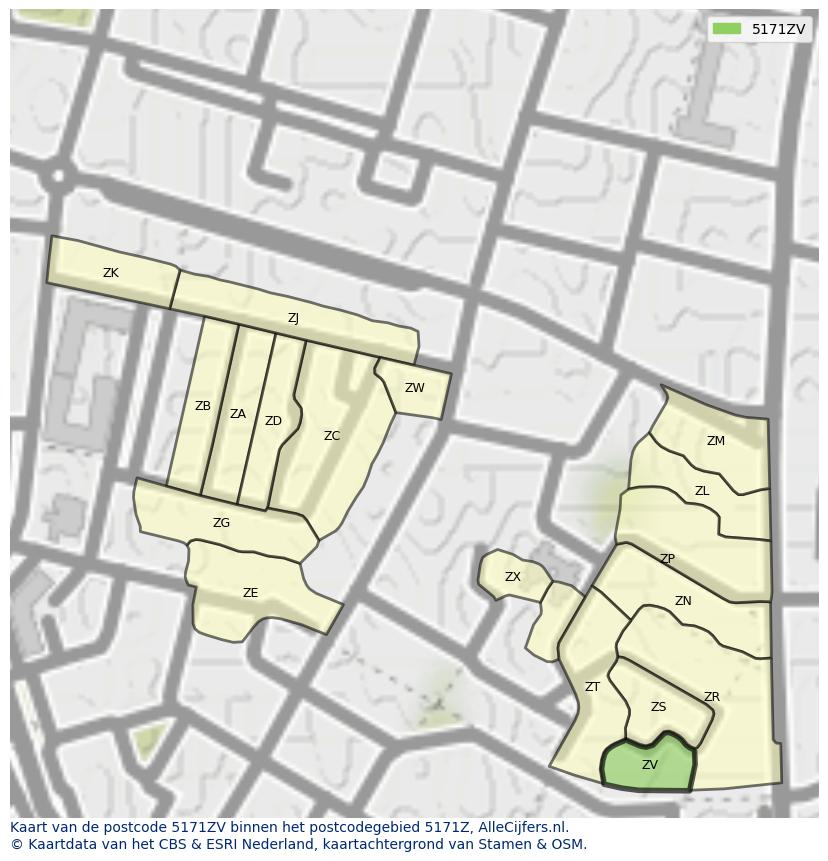 Afbeelding van het postcodegebied 5171 ZV op de kaart.