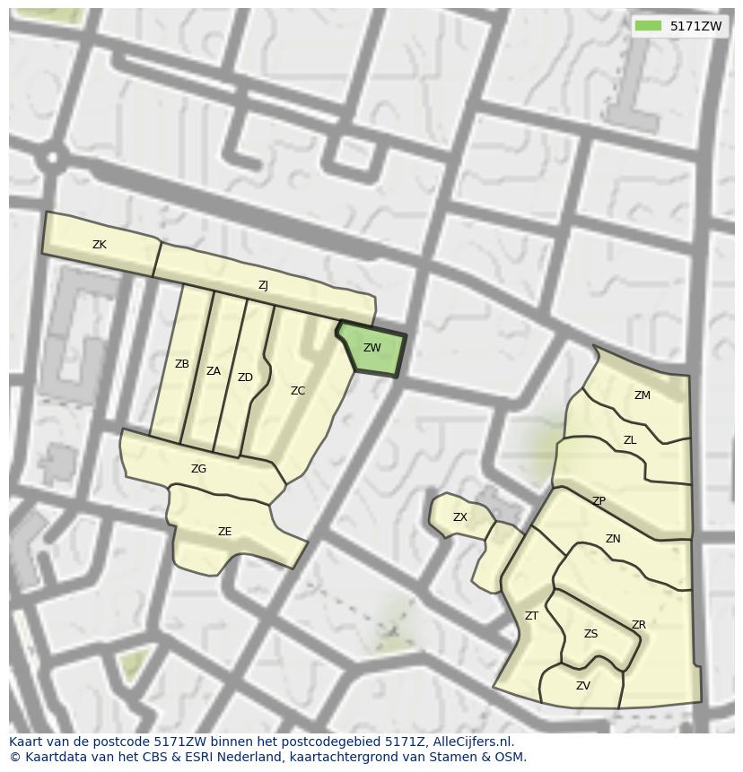 Afbeelding van het postcodegebied 5171 ZW op de kaart.
