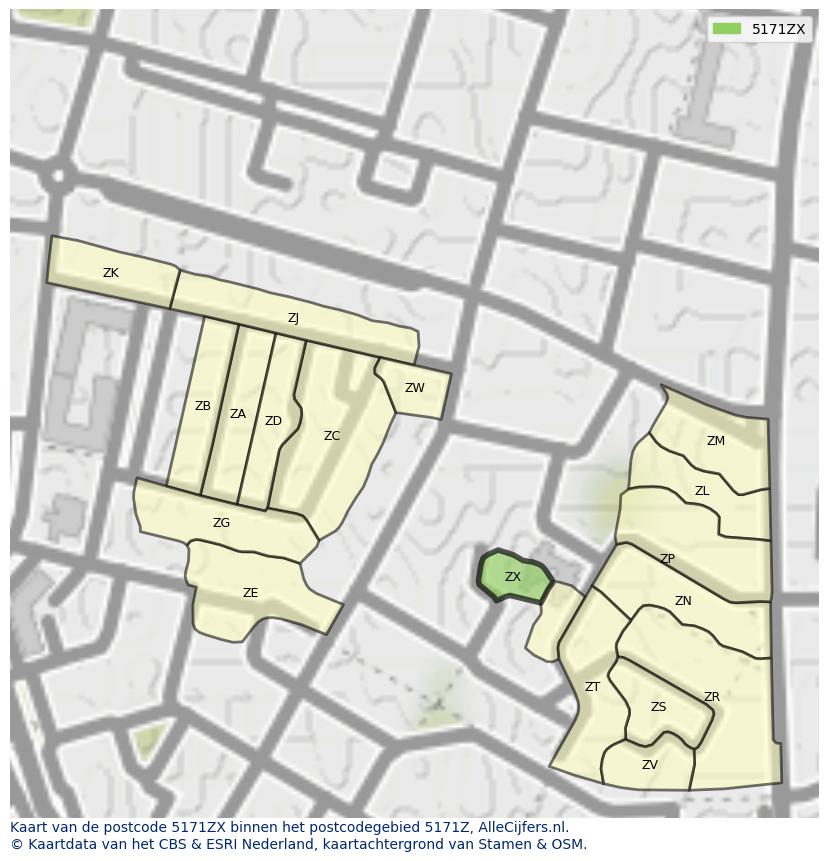Afbeelding van het postcodegebied 5171 ZX op de kaart.