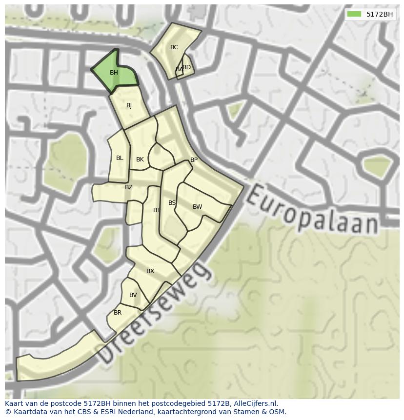 Afbeelding van het postcodegebied 5172 BH op de kaart.