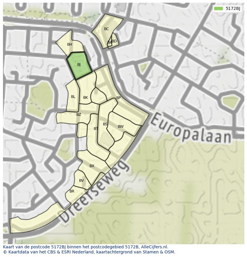 Afbeelding van het postcodegebied 5172 BJ op de kaart.