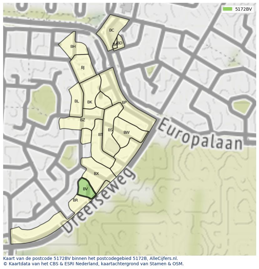 Afbeelding van het postcodegebied 5172 BV op de kaart.