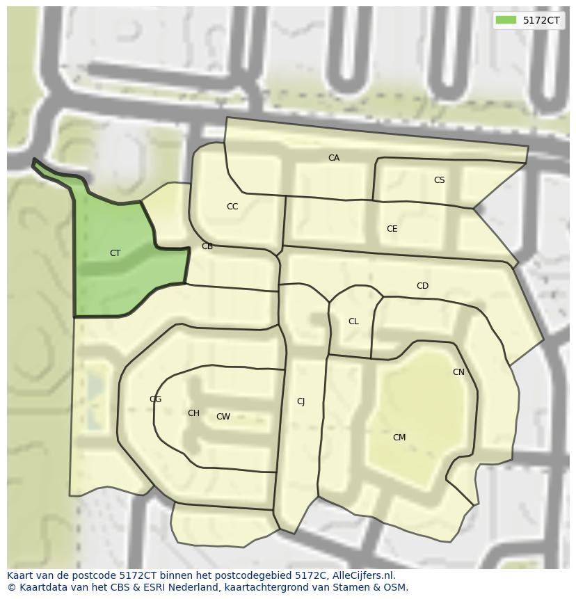 Afbeelding van het postcodegebied 5172 CT op de kaart.