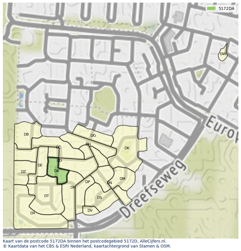 Afbeelding van het postcodegebied 5172 DA op de kaart.