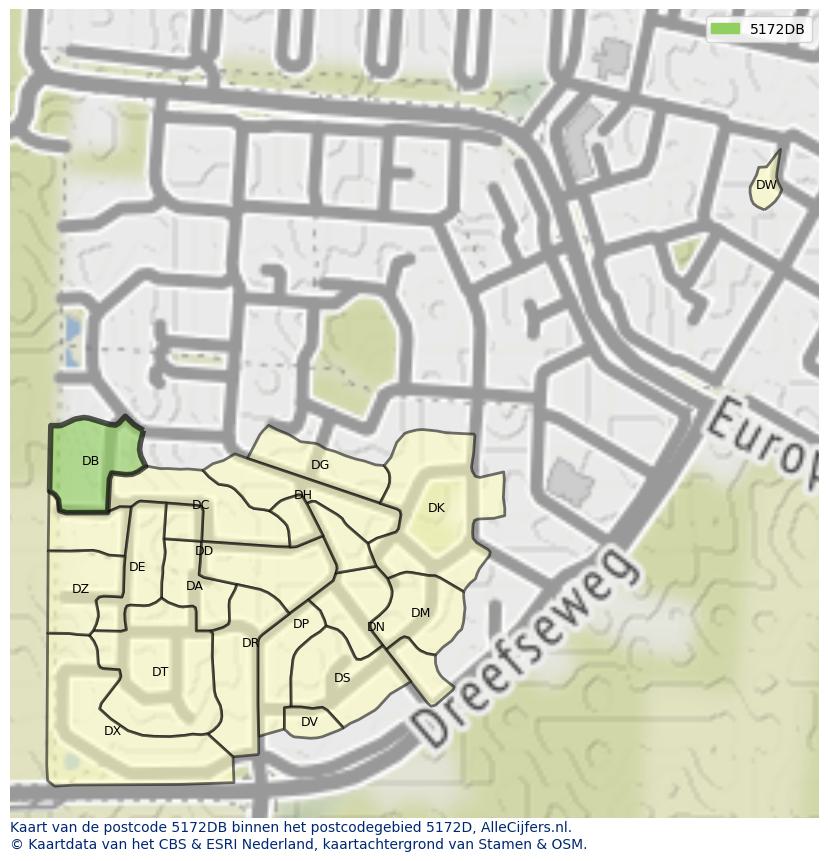 Afbeelding van het postcodegebied 5172 DB op de kaart.