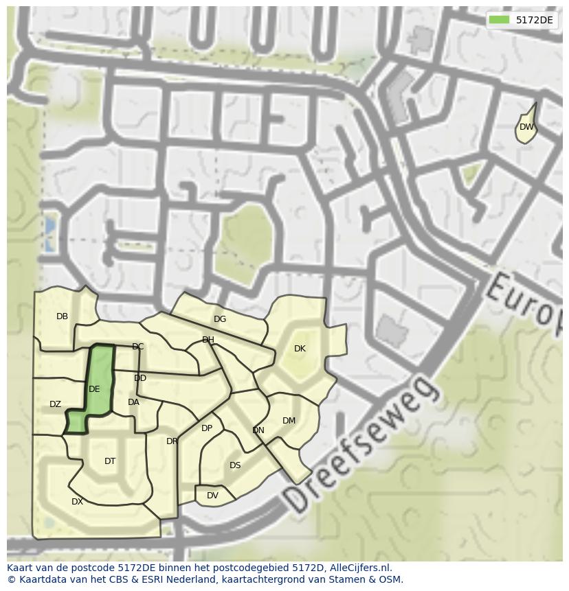 Afbeelding van het postcodegebied 5172 DE op de kaart.