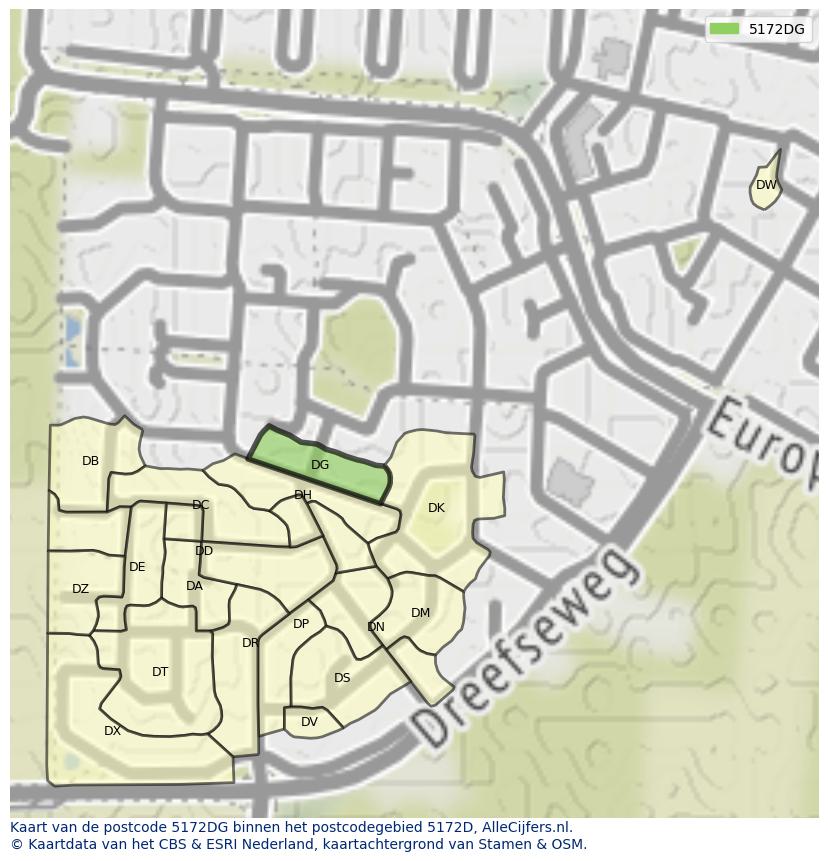 Afbeelding van het postcodegebied 5172 DG op de kaart.