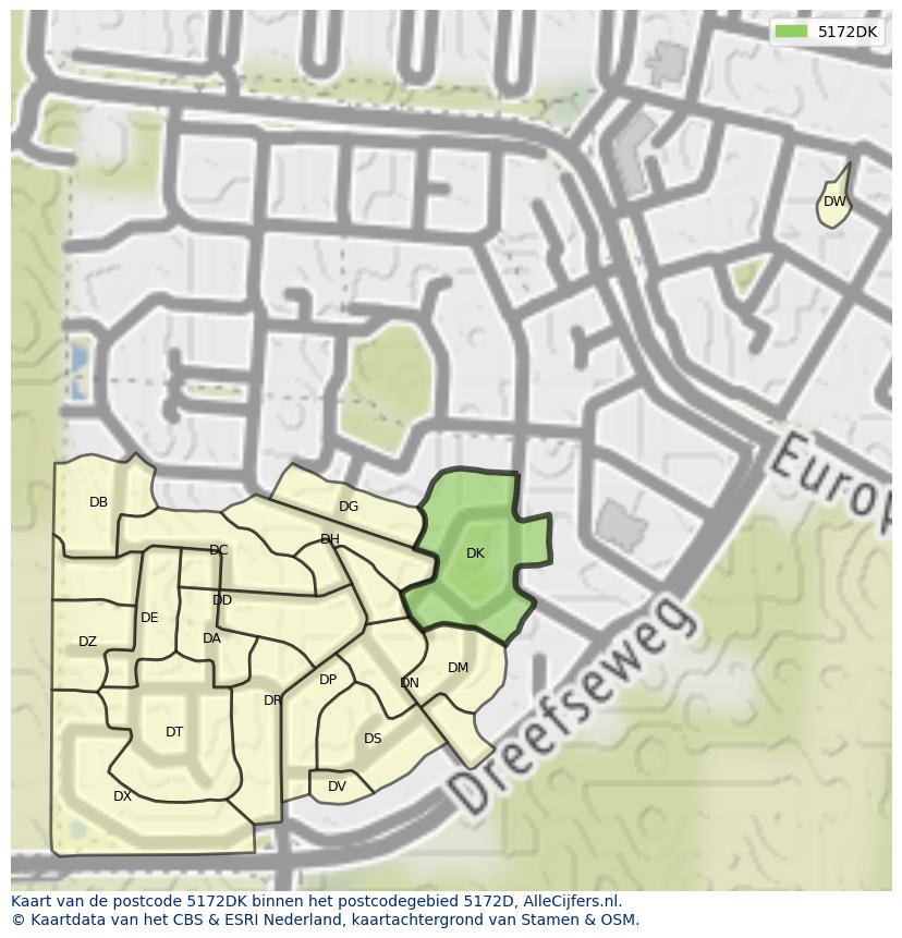 Afbeelding van het postcodegebied 5172 DK op de kaart.